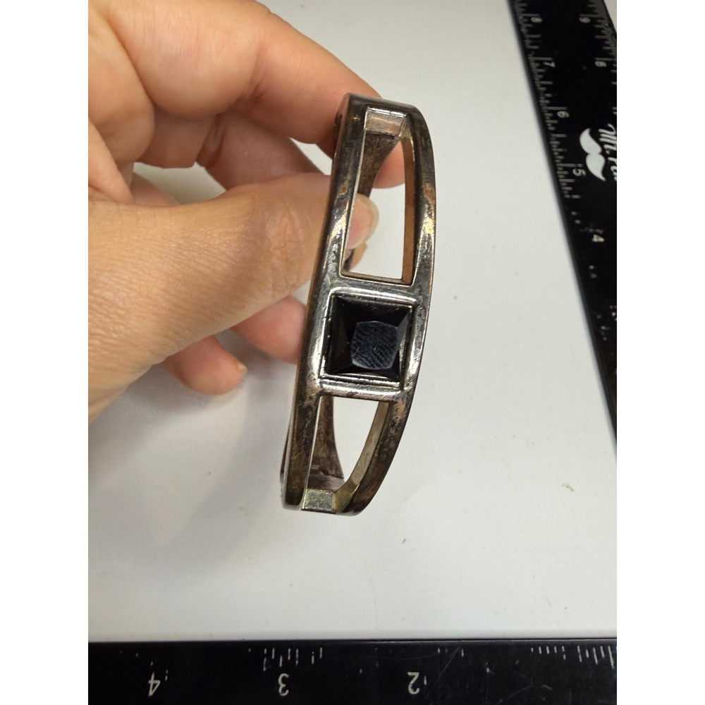 Silver Tone Hinged Bangle Bracelet Square Black Faceted Stone Modernist